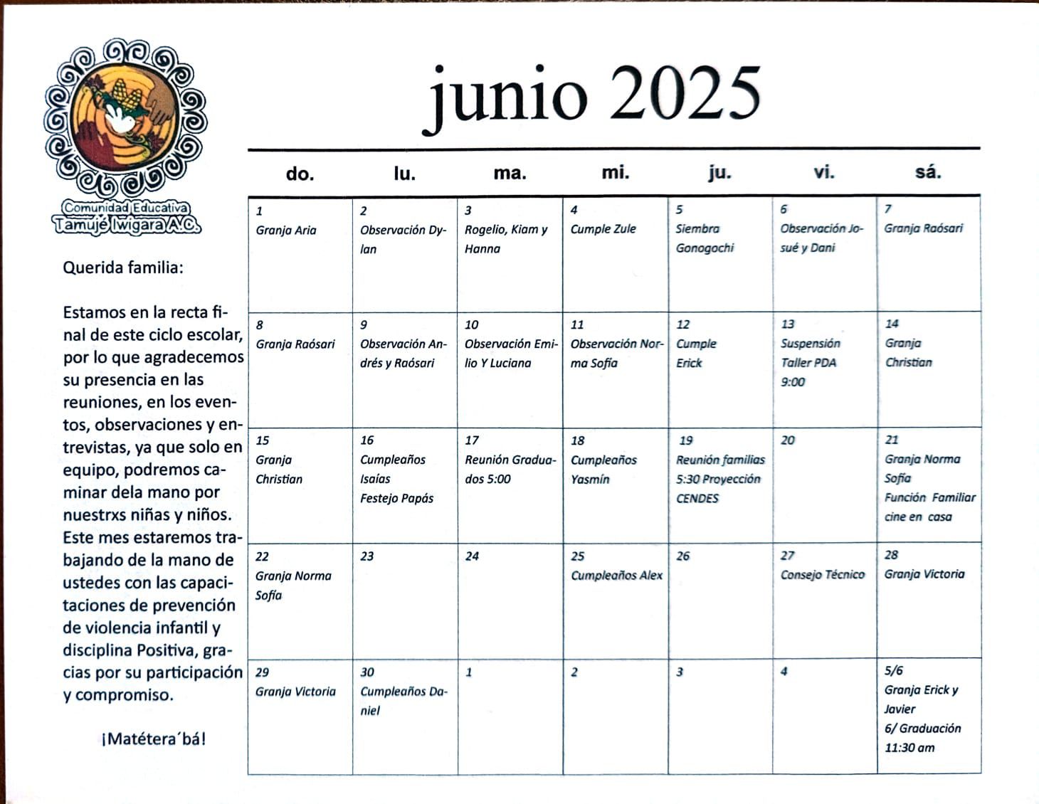Calendario de Actividades Tamujé Iwigara